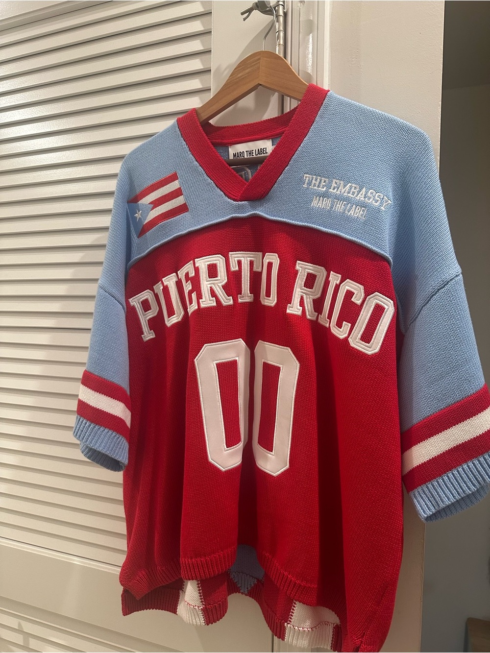 Puerto Rico V-Neck Knit Jersey with Light Blue, Red, White Unisex size Small